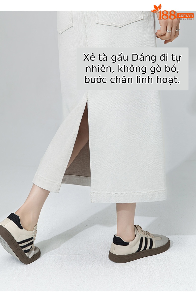 Váy denim trắng nữ cạp cao bút chì phong cách tối giản dài midi — Màu xám trắng chi tiết 12