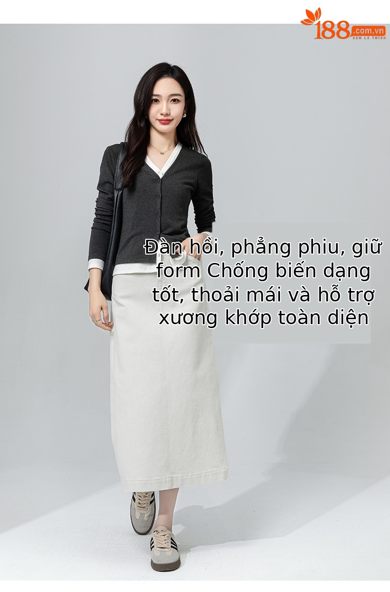 Váy denim trắng nữ cạp cao bút chì phong cách tối giản dài midi — Màu xám trắng chi tiết 13