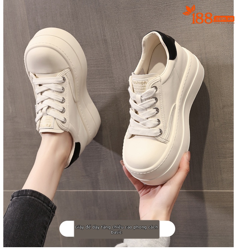 Giày sneaker nữ đế dày tăng chiều cao, phong cách trượt ván, đế mềm — Màu đen be chi tiết 1