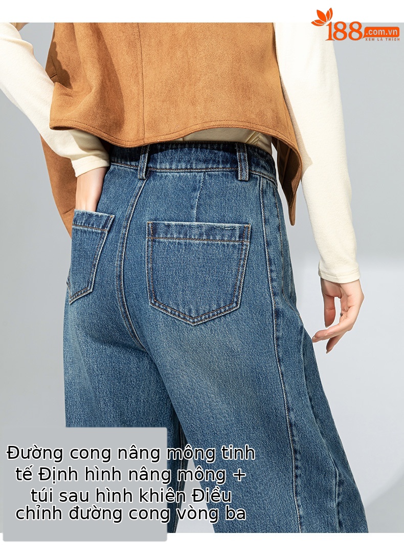 Quần jean nữ ống rộng cạp cao dáng rộng dáng nhỏ quần chuối lưỡi liềm — Màu xanh lam chi tiết 11