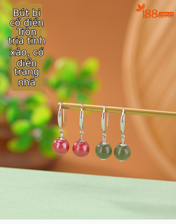 Bông tai bạc S925 móc hoa tai đính đá ngọc bích Hetian hạt tròn đơn giản — Kiểu nước nắng chi tiết 1