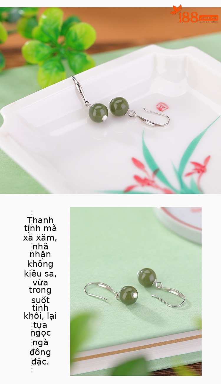 Bông tai bạc S925 móc hoa tai đính đá ngọc bích Hetian hạt tròn đơn giản — Kiểu nước nắng chi tiết 3