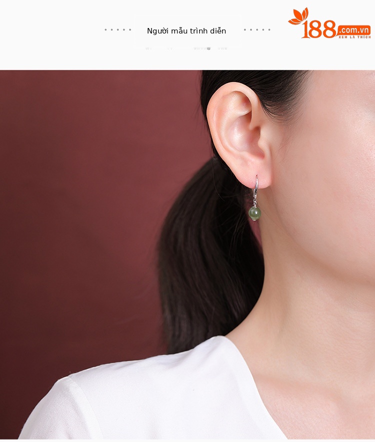 Bông tai bạc S925 móc hoa tai đính đá ngọc bích Hetian hạt tròn đơn giản — Kiểu nước nắng chi tiết 5