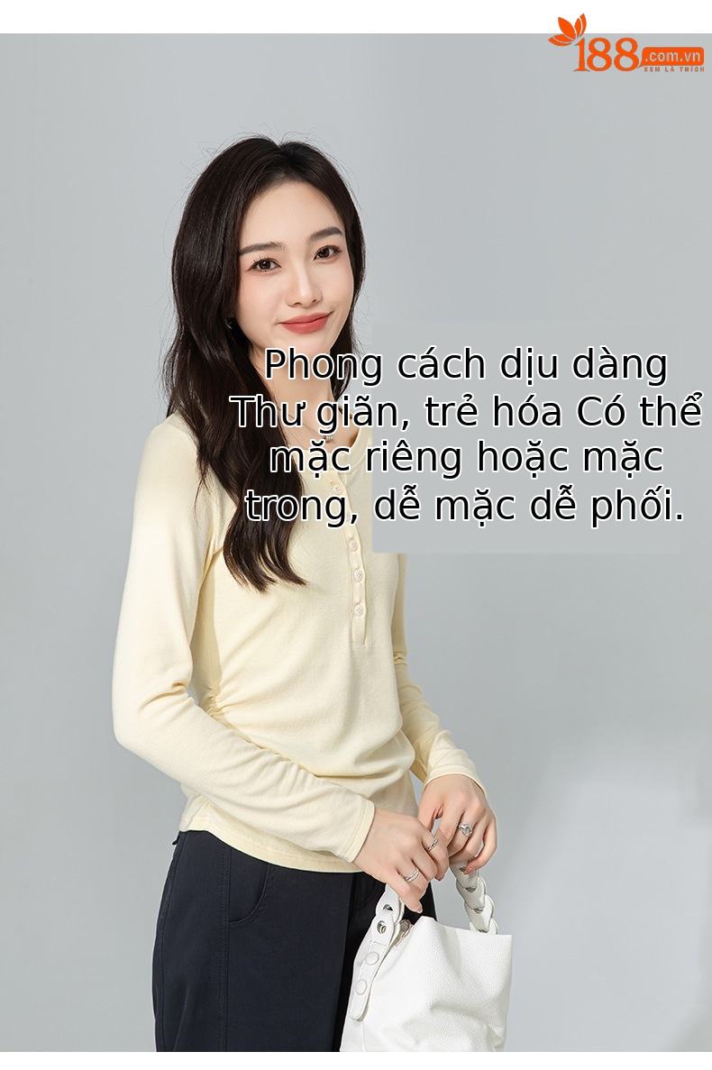 Áo thun nữ tay dài cổ nửa mở ôm eo tôn dáng kiểu Mỹ — Màu vàng ngỗng chi tiết 14