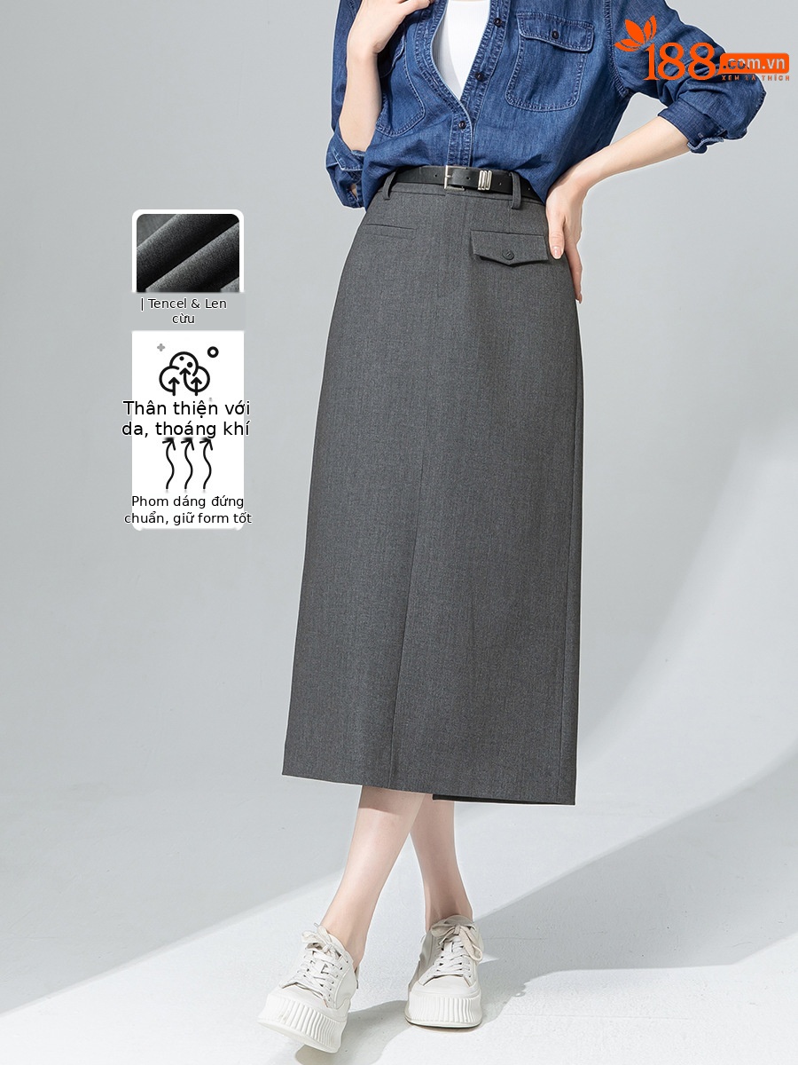Váy midi len Tencel xám đậm xẻ tà ống suông đa năng — màu xám