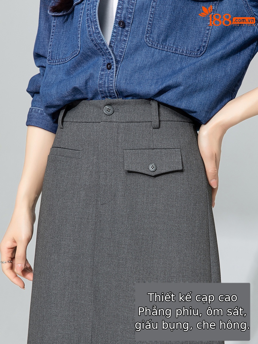 Váy midi len Tencel xám đậm xẻ tà ống suông đa năng — màu xám
