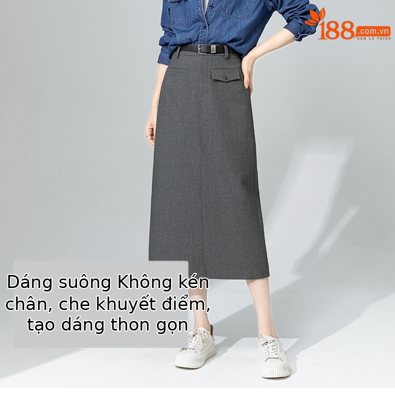 Váy midi len Tencel xám đậm xẻ tà ống suông đa năng — màu xám chi tiết 10