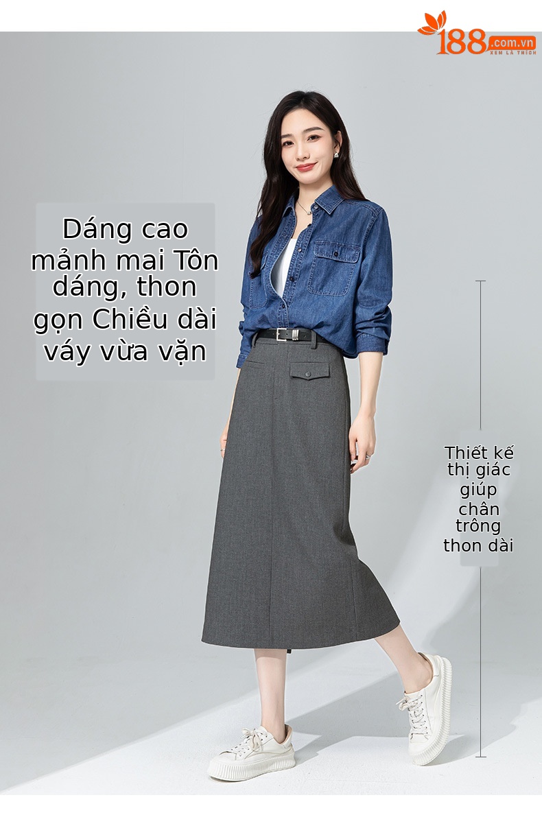 Váy midi len Tencel xám đậm xẻ tà ống suông đa năng — màu xám chi tiết 11