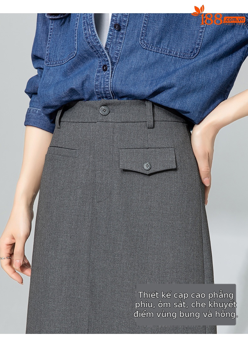 Váy midi len Tencel xám đậm xẻ tà ống suông đa năng — màu xám chi tiết 12