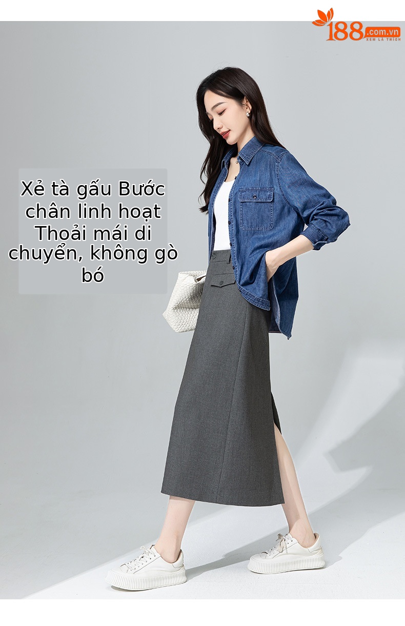 Váy midi len Tencel xám đậm xẻ tà ống suông đa năng — màu xám chi tiết 13