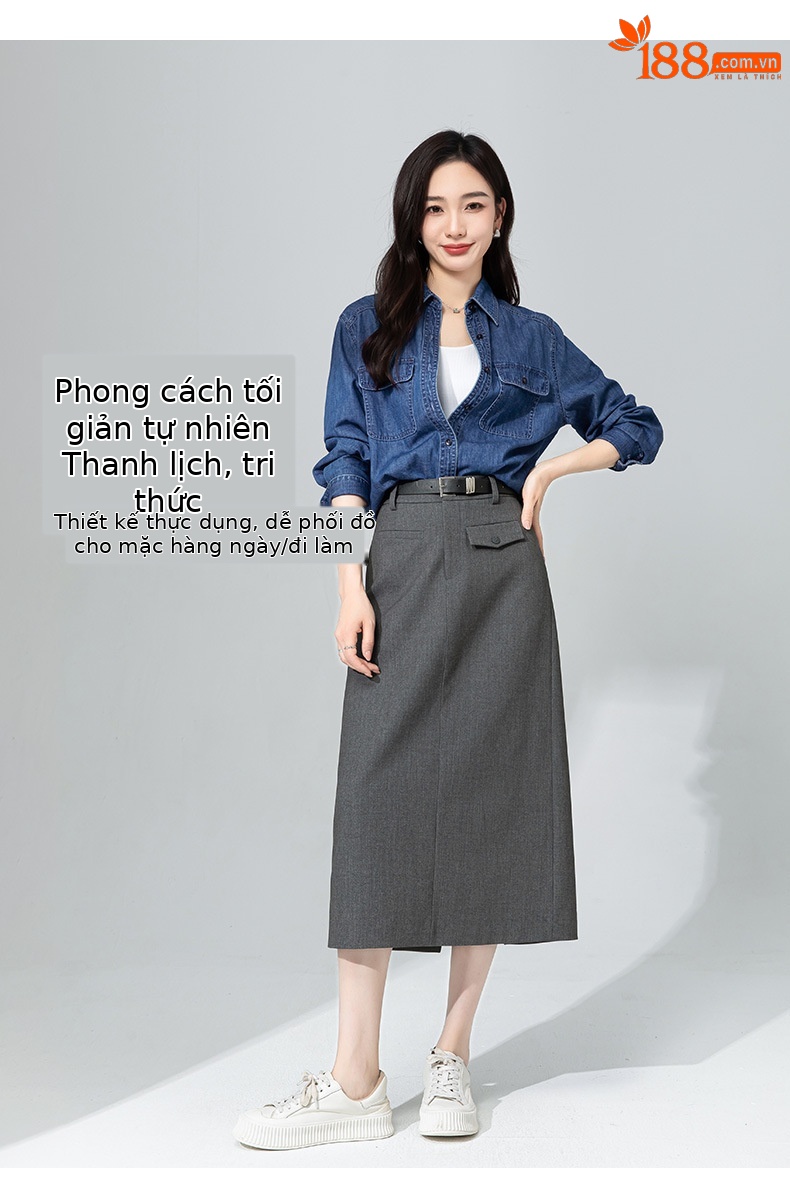 Váy midi len Tencel xám đậm xẻ tà ống suông đa năng — màu xám chi tiết 15