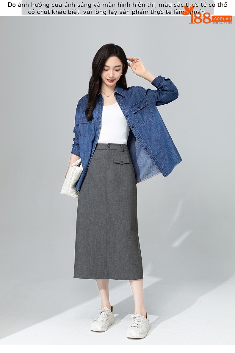 Váy midi len Tencel xám đậm xẻ tà ống suông đa năng — màu xám chi tiết 18