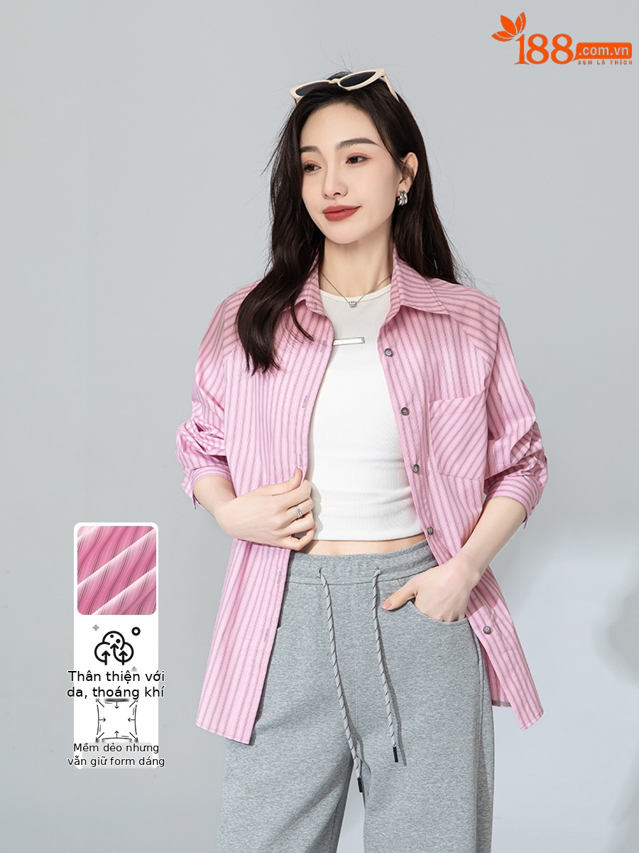 Áo sơ mi dài tay nữ phong cách lười rộng rãi sọc hồng thiết kế mới — Hồng sen