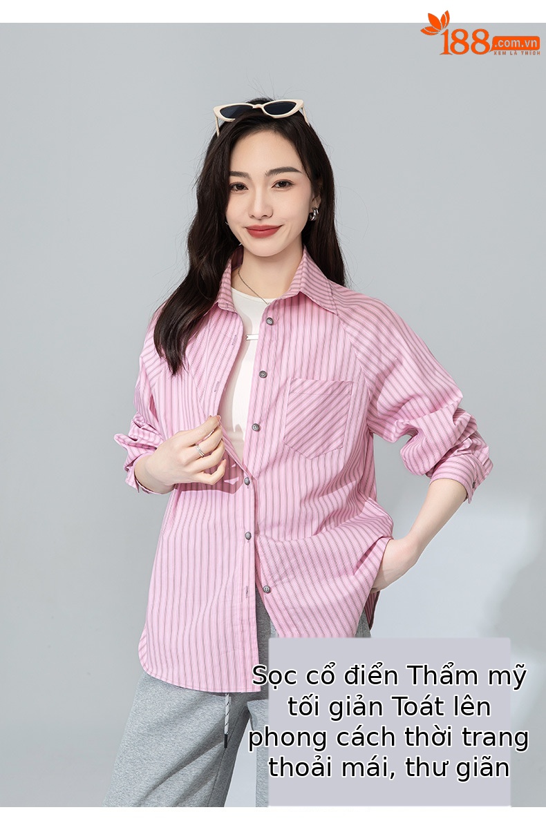 Áo sơ mi dài tay nữ phong cách lười rộng rãi sọc hồng thiết kế mới — Hồng sen chi tiết 10