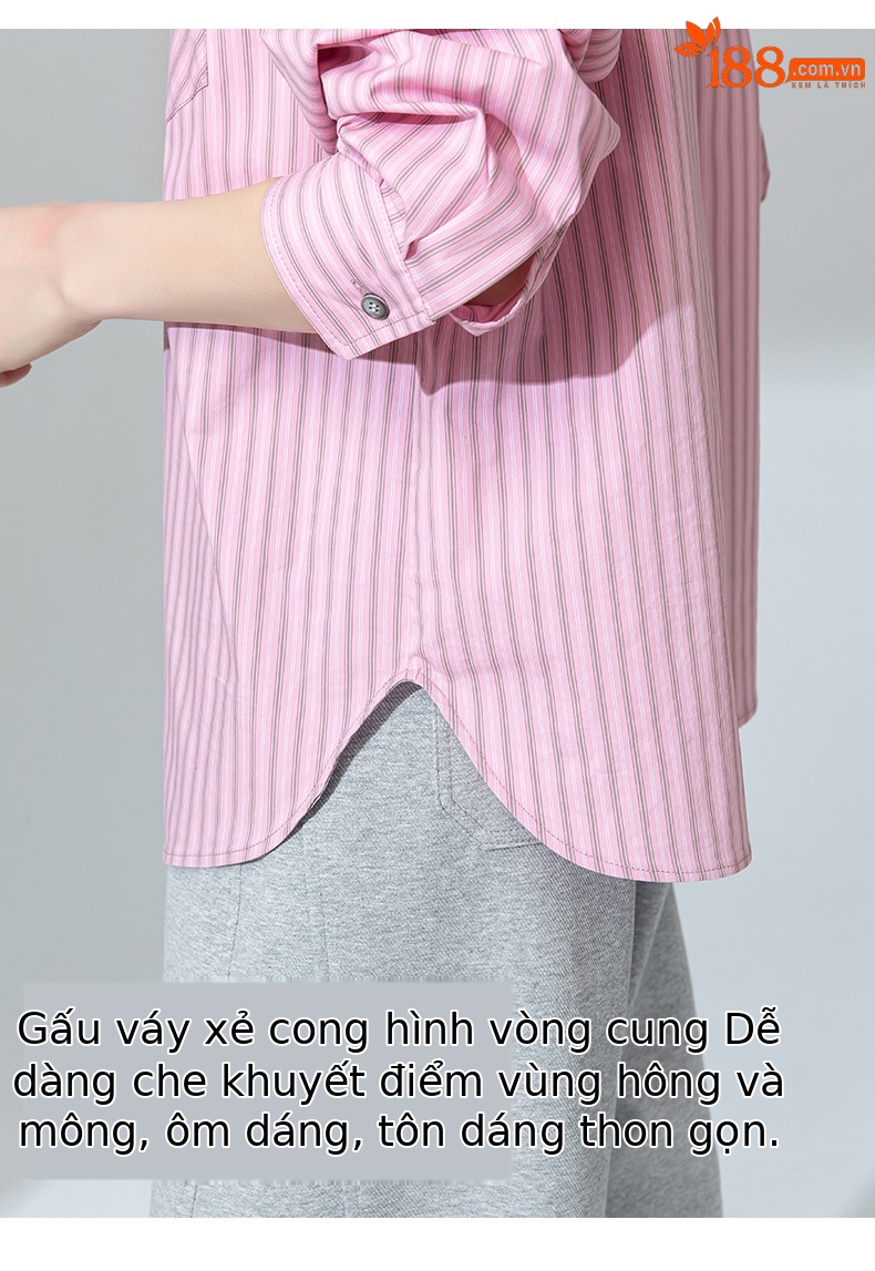 Áo sơ mi dài tay nữ phong cách lười rộng rãi sọc hồng thiết kế mới — Hồng sen chi tiết 12