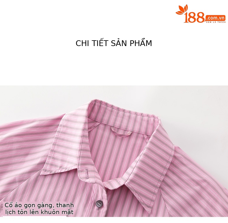 Áo sơ mi dài tay nữ phong cách lười rộng rãi sọc hồng thiết kế mới — Hồng sen chi tiết 16