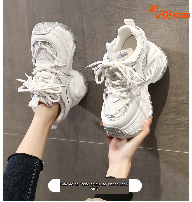 Giày sneaker nữ đế dày độn cao bên trong, phong cách bánh xốp mới mùa xuân — Màu đen chi tiết 1