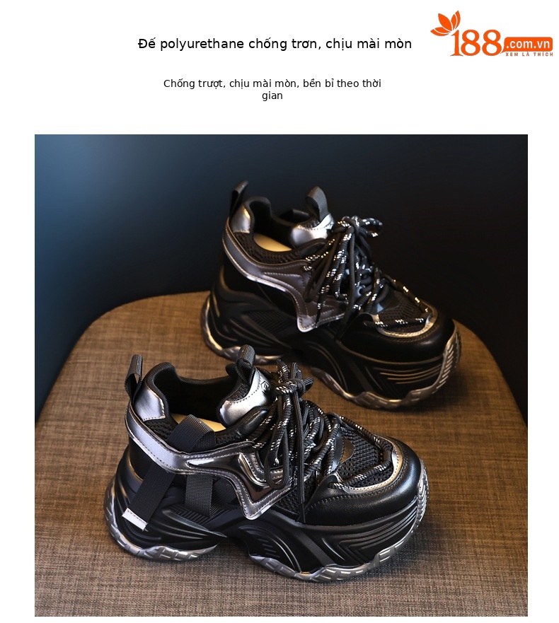 Giày sneaker nữ đế dày độn cao bên trong, phong cách bánh xốp mới mùa xuân — Màu đen chi tiết 10