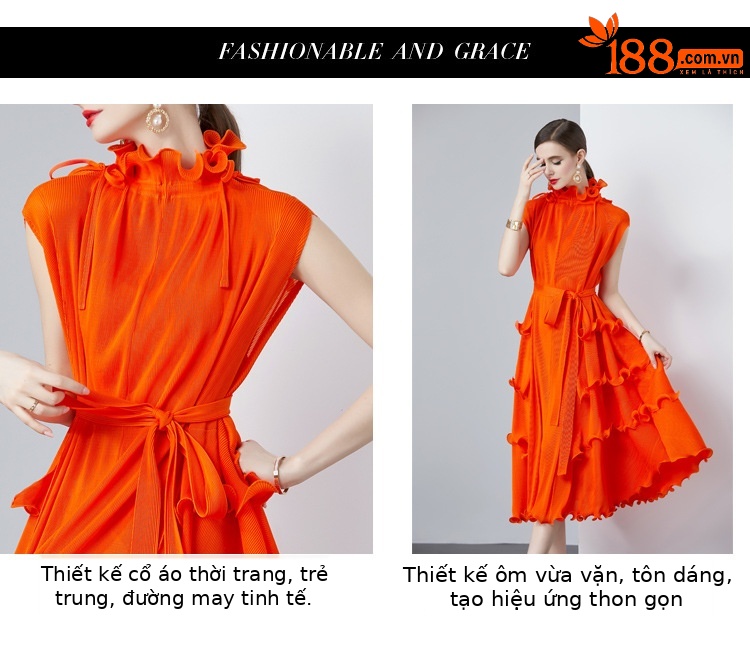 Váy maxi voan xếp ly dáng dài ôm eo viền bèo ngọt ngào cho nữ xuân hè 2025 — Màu đen, Màu cam, Màu tím, Màu đỏ hoa hồng chi tiết 5