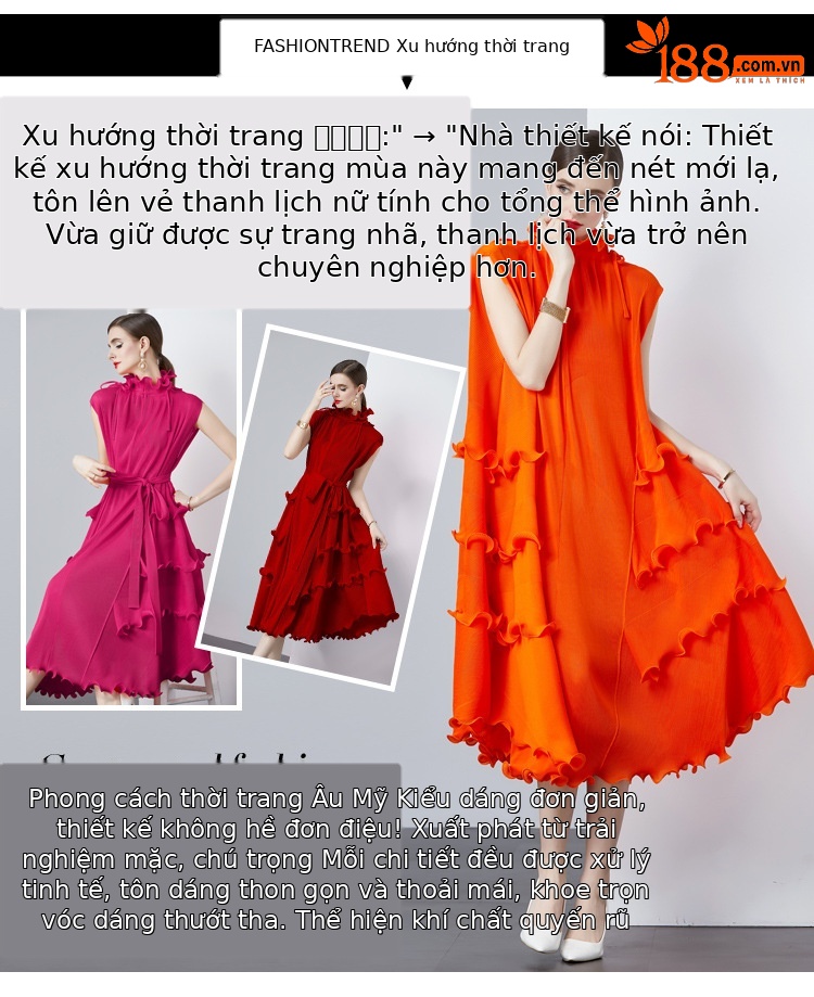 Váy maxi voan xếp ly dáng dài ôm eo viền bèo ngọt ngào cho nữ xuân hè 2025 — Màu đen, Màu cam, Màu tím, Màu đỏ hoa hồng chi tiết 6