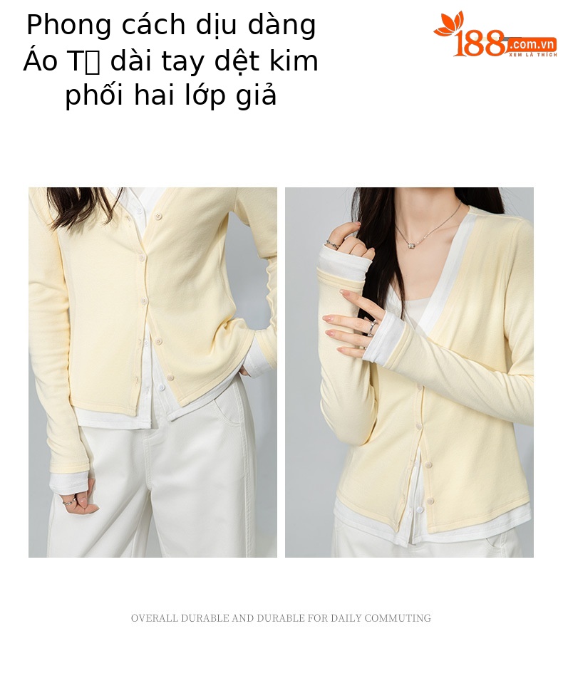 Áo cardigan cotton dệt kim cổ chữ V giả hai mảnh ngắn sành điệu — Màu vàng ngỗng chi tiết 3