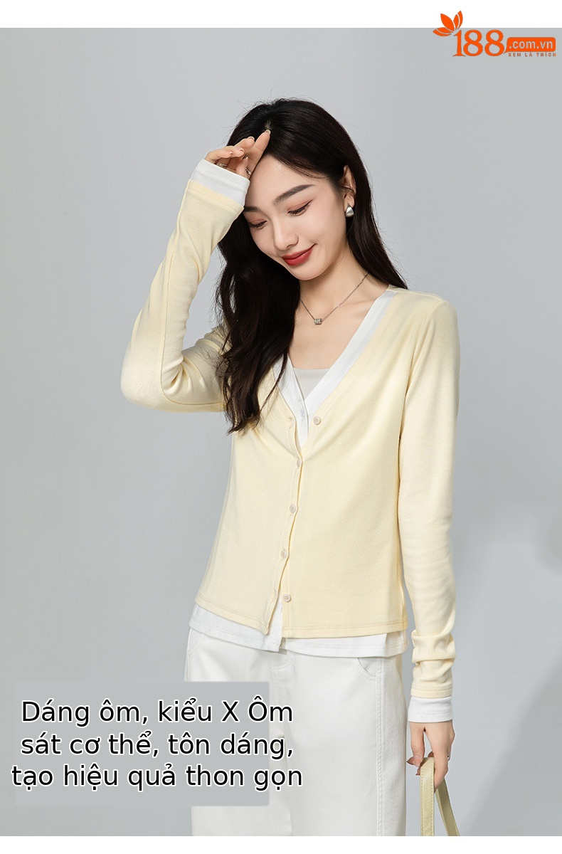 Áo cardigan cotton dệt kim cổ chữ V giả hai mảnh ngắn sành điệu — Màu vàng ngỗng chi tiết 11