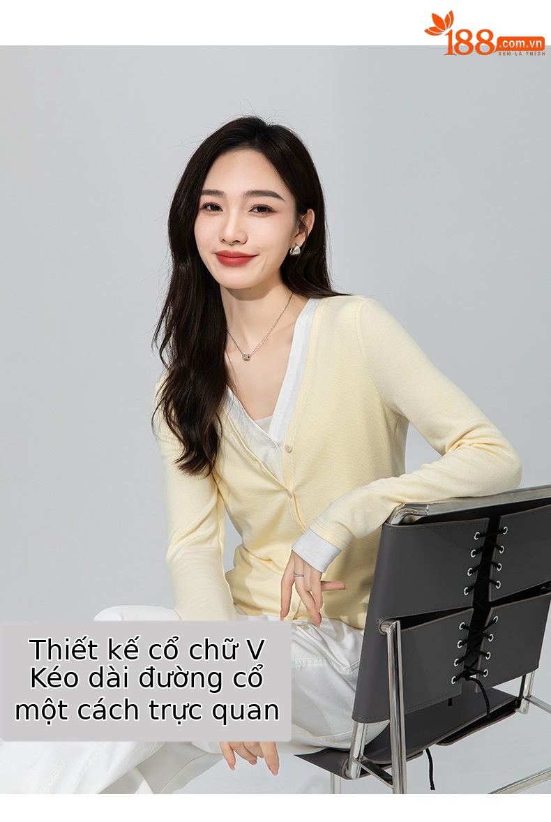 Áo cardigan cotton dệt kim cổ chữ V giả hai mảnh ngắn sành điệu — Màu vàng ngỗng chi tiết 12