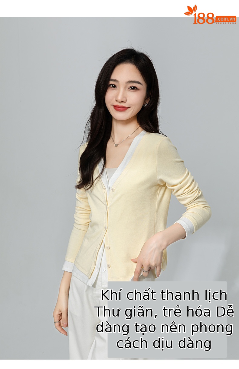 Áo cardigan cotton dệt kim cổ chữ V giả hai mảnh ngắn sành điệu — Màu vàng ngỗng chi tiết 14