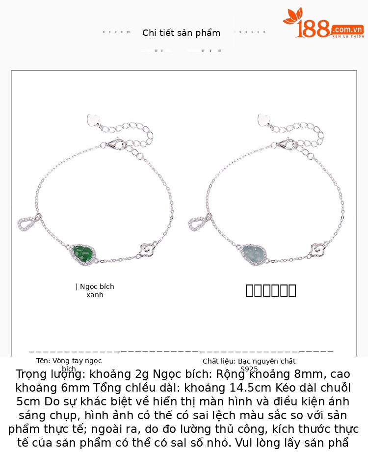 Vòng tay bạc S925 đính ngọc bích và zircon hình bầu nước xanh — Xanh lục mẫu ngọc chi tiết 2