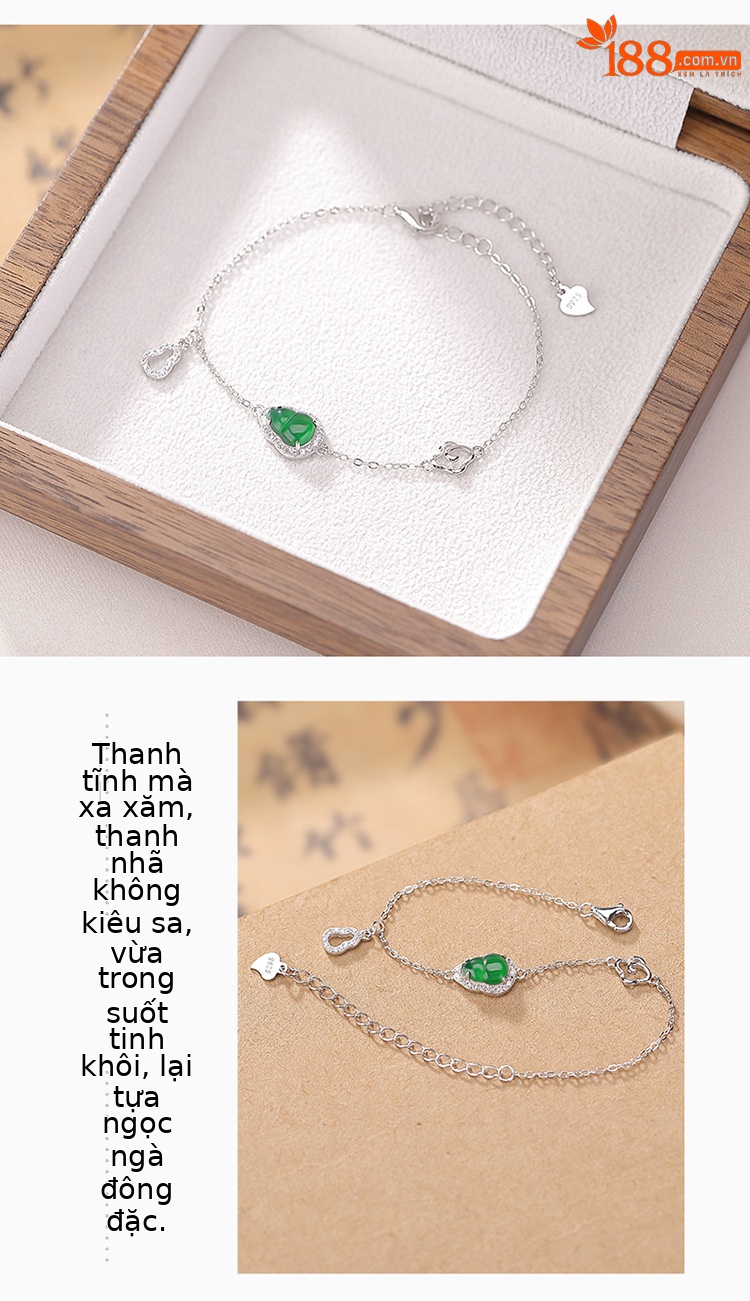 Vòng tay bạc S925 đính ngọc bích và zircon hình bầu nước xanh — Xanh lục mẫu ngọc chi tiết 3