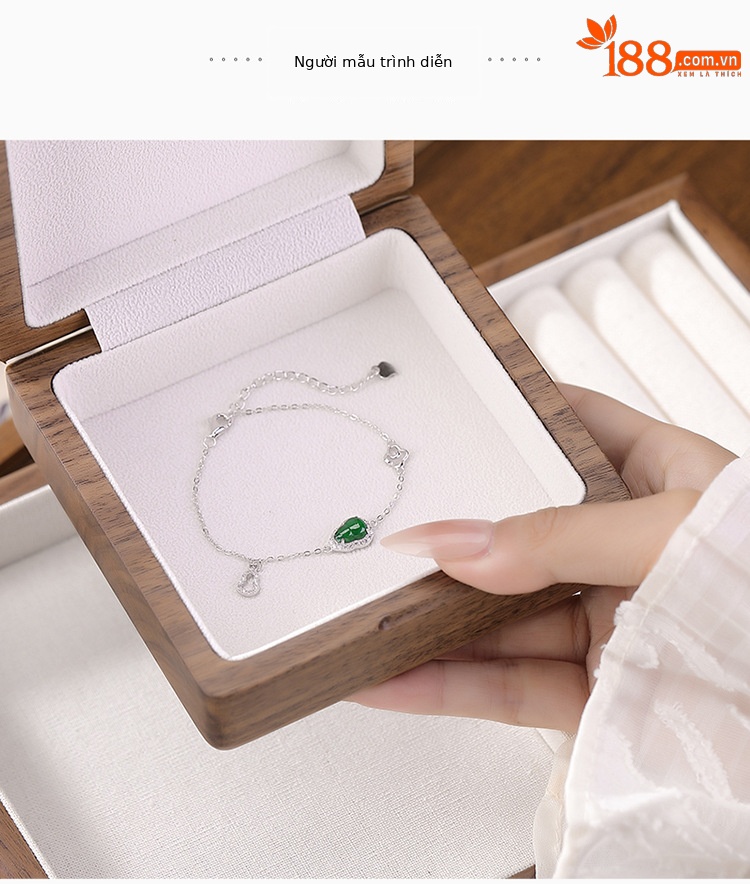 Vòng tay bạc S925 đính ngọc bích và zircon hình bầu nước xanh — Xanh lục mẫu ngọc chi tiết 5
