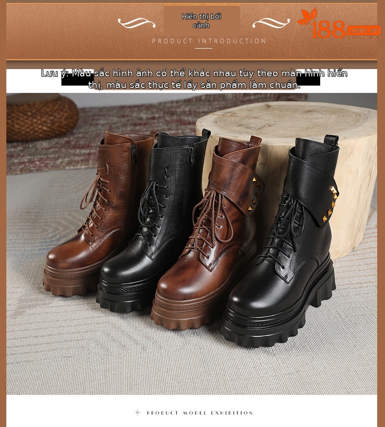 Boot Martin đinh tán cổ cao đế dày độn bên trong gót 10 cm — Màu đen lót nhung chi tiết 1