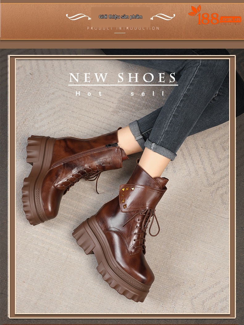 Boot Martin đinh tán cổ cao đế dày độn bên trong gót 10 cm — Màu đen lót nhung chi tiết 2