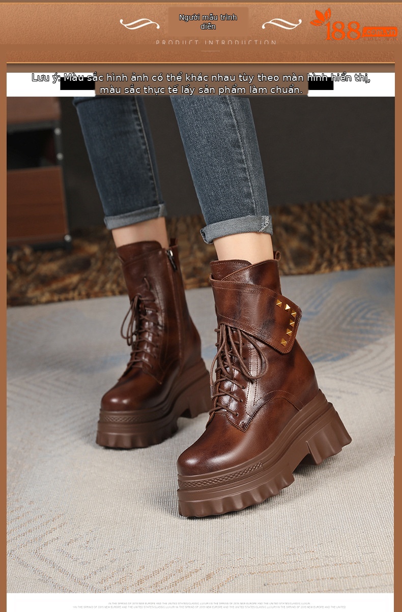 Boot Martin đinh tán cổ cao đế dày độn bên trong gót 10 cm — Màu đen lót nhung chi tiết 3