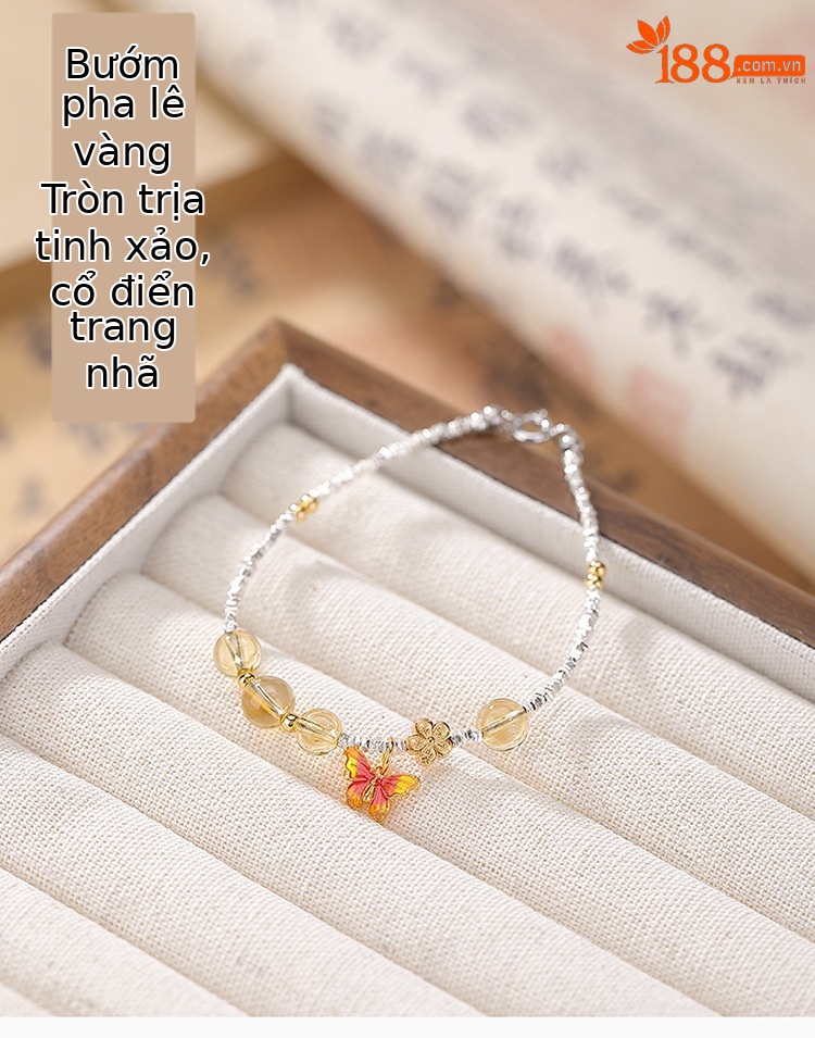 Vòng tay bạc S925 mạ vàng pha lê men hoa nhỏ hạt tròn hình bướm nghệ thuật — Một chiếc chi tiết 1