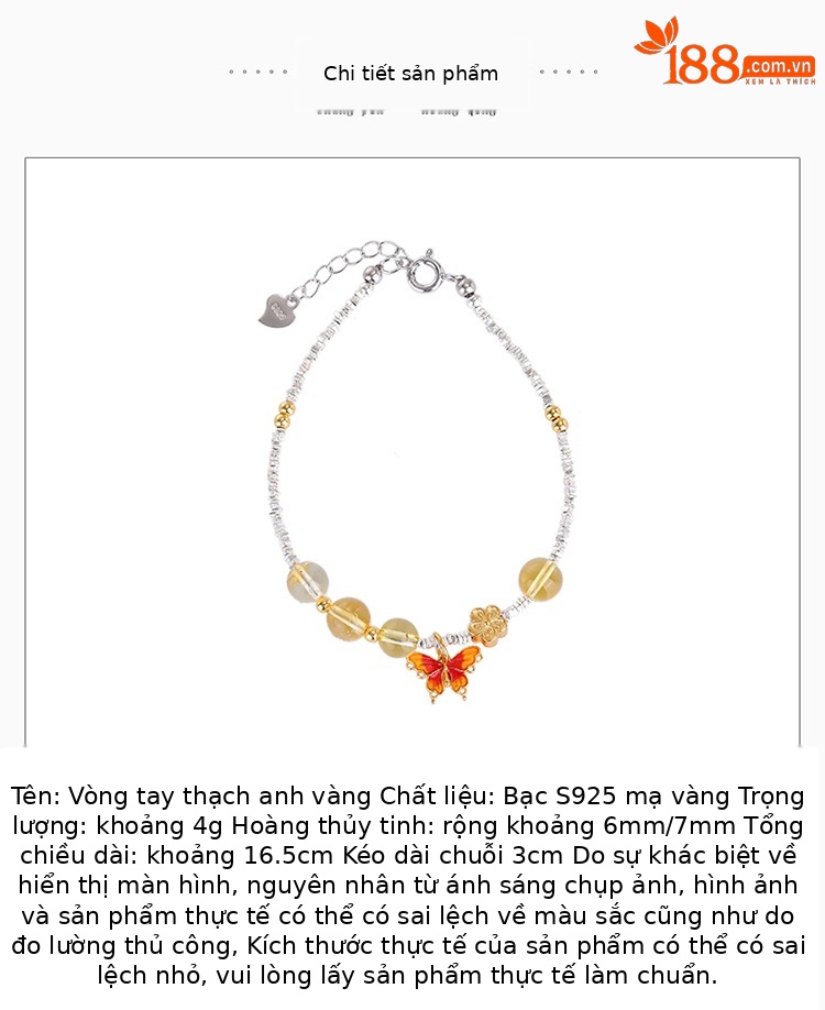 Vòng tay bạc S925 mạ vàng pha lê men hoa nhỏ hạt tròn hình bướm nghệ thuật — Một chiếc chi tiết 2