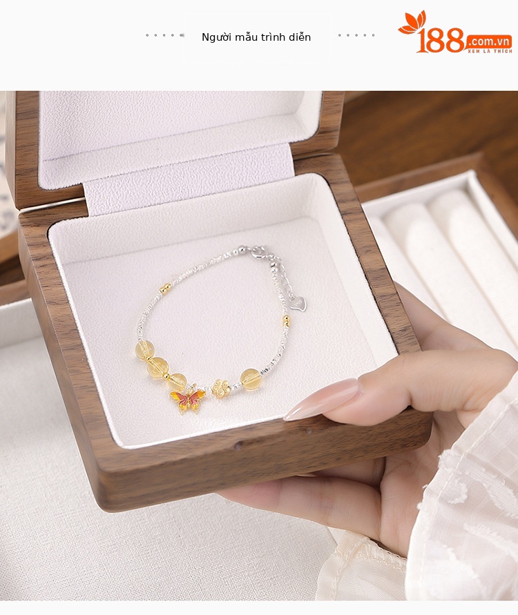 Vòng tay bạc S925 mạ vàng pha lê men hoa nhỏ hạt tròn hình bướm nghệ thuật — Một chiếc chi tiết 3