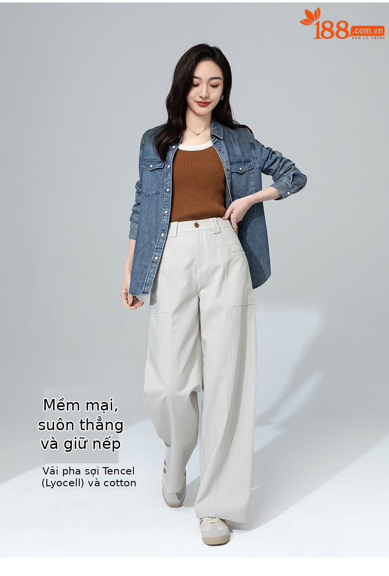 Quần jean nữ cạp cao ống rộng dáng suông chất cotton Tencel mềm mại — Màu bí ngô chi tiết 10