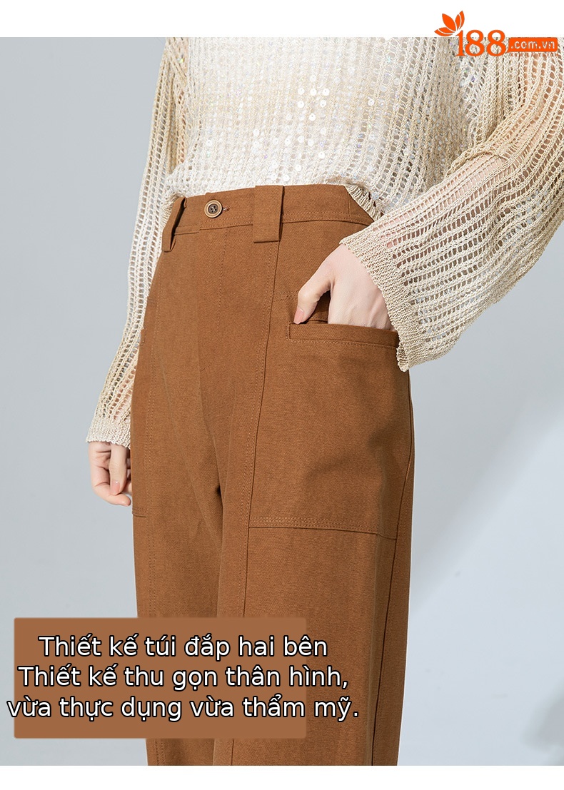 Quần jean nữ cạp cao ống rộng dáng suông chất cotton Tencel mềm mại — Màu bí ngô chi tiết 11