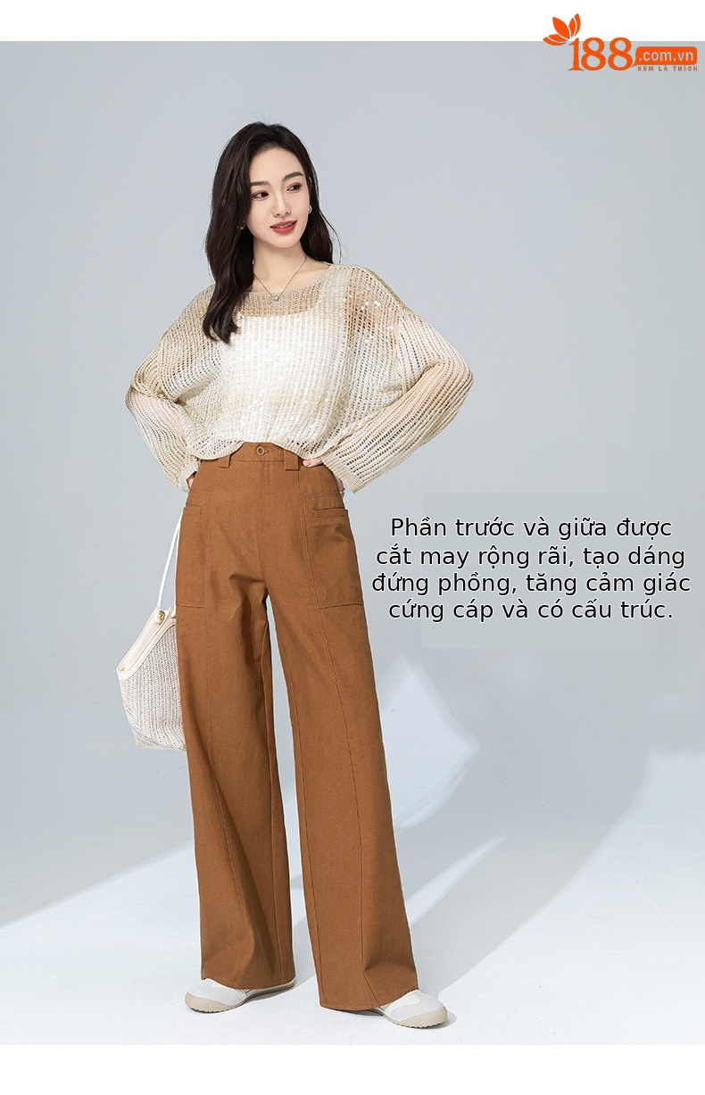 Quần jean nữ cạp cao ống rộng dáng suông chất cotton Tencel mềm mại — Màu bí ngô chi tiết 13