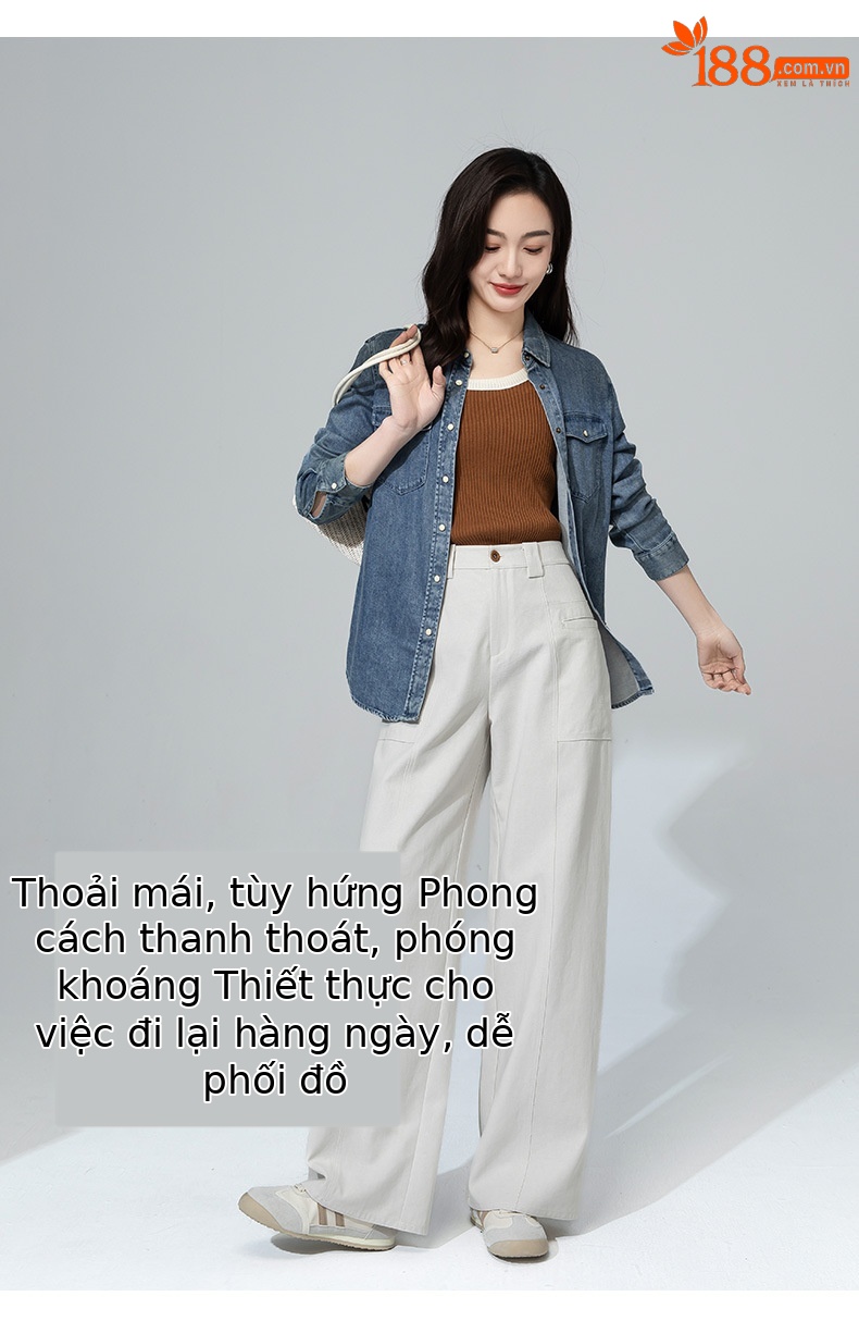 Quần jean nữ cạp cao ống rộng dáng suông chất cotton Tencel mềm mại — Màu bí ngô chi tiết 14
