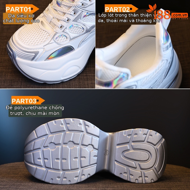 Giày sneaker nữ chunky đế dày độn cao bên trong, phong cách thể thao thường ngày — Màu trắng