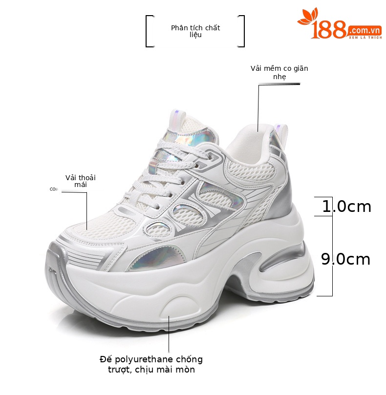 Giày sneaker nữ chunky đế dày độn cao bên trong, phong cách thể thao thường ngày — Màu trắng chi tiết 3