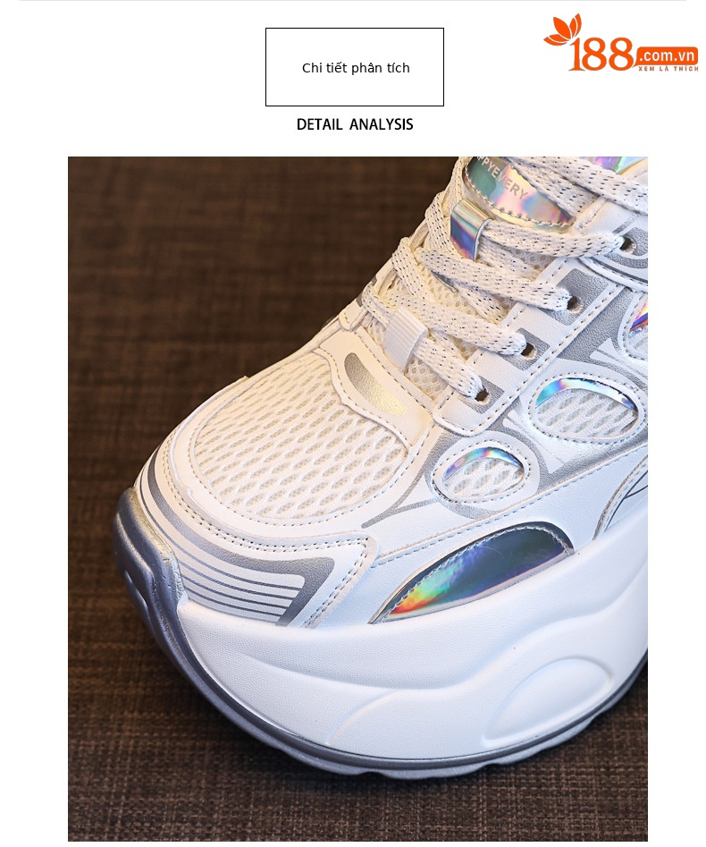 Giày sneaker nữ chunky đế dày độn cao bên trong, phong cách thể thao thường ngày — Màu trắng chi tiết 7