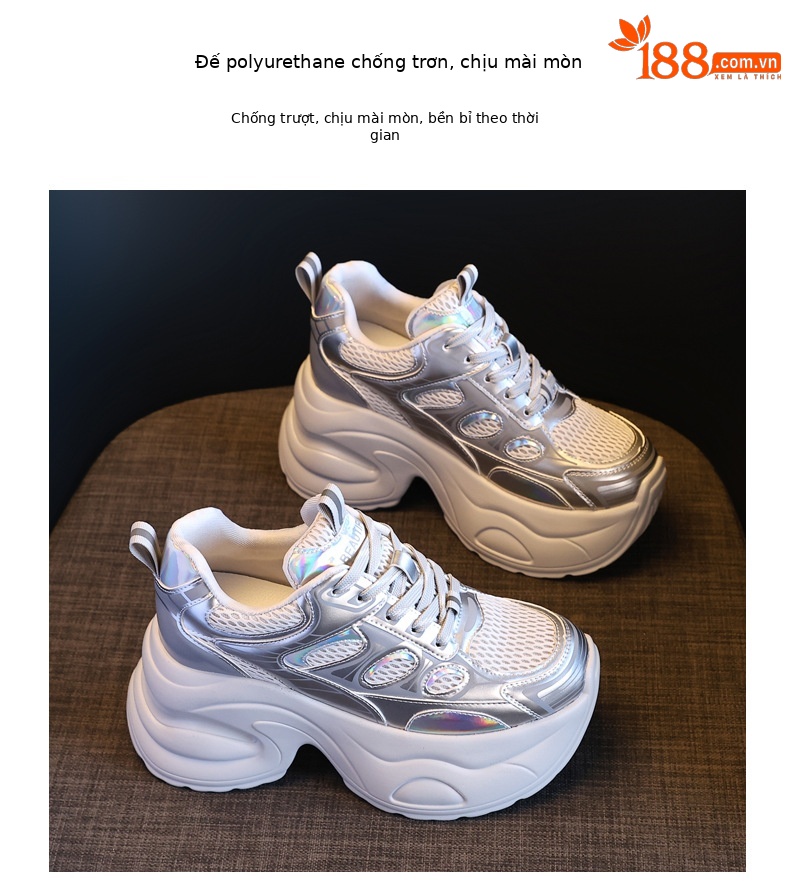 Giày sneaker nữ chunky đế dày độn cao bên trong, phong cách thể thao thường ngày — Màu trắng chi tiết 10