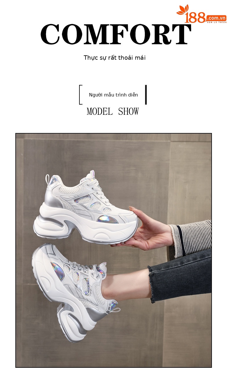 Giày sneaker nữ chunky đế dày độn cao bên trong, phong cách thể thao thường ngày — Màu trắng chi tiết 11
