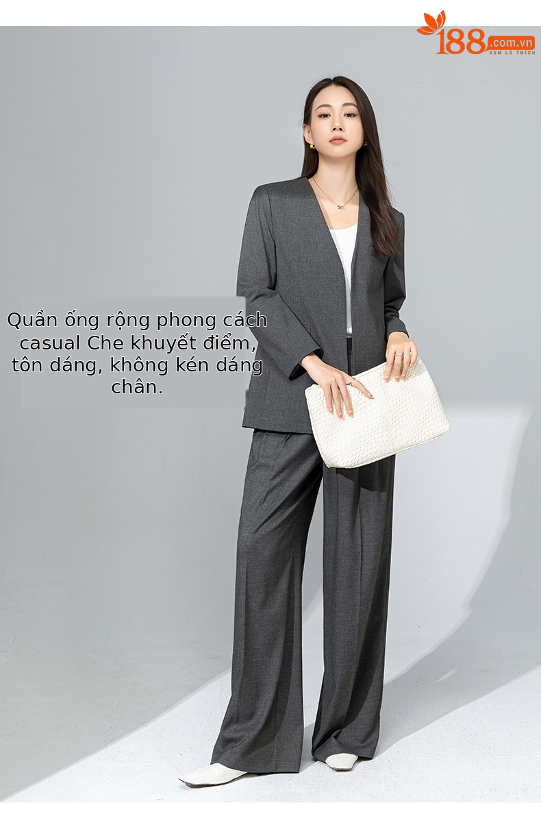 Áo blazer nữ cổ V len TR cao cấp dáng suông công sở — Quần màu xám 73144113 chi tiết 11