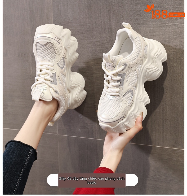 Giày thể thao nữ đế dày tăng chiều cao lưới thoáng khí phong cách dad sneaker — Màu be chi tiết 1