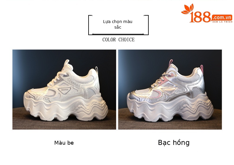 Giày thể thao nữ đế dày tăng chiều cao lưới thoáng khí phong cách dad sneaker — Màu be chi tiết 2