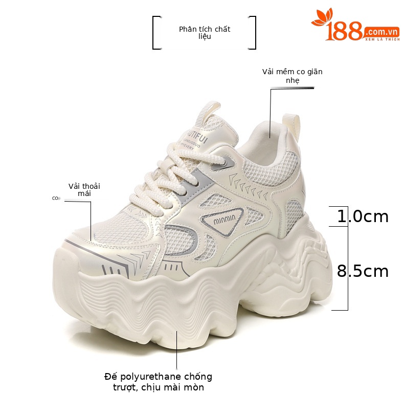 Giày thể thao nữ đế dày tăng chiều cao lưới thoáng khí phong cách dad sneaker — Màu be chi tiết 3
